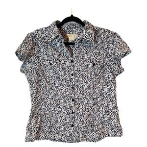 Michael Kors White Gray and Black Floral Top Button Up Short Sleeve